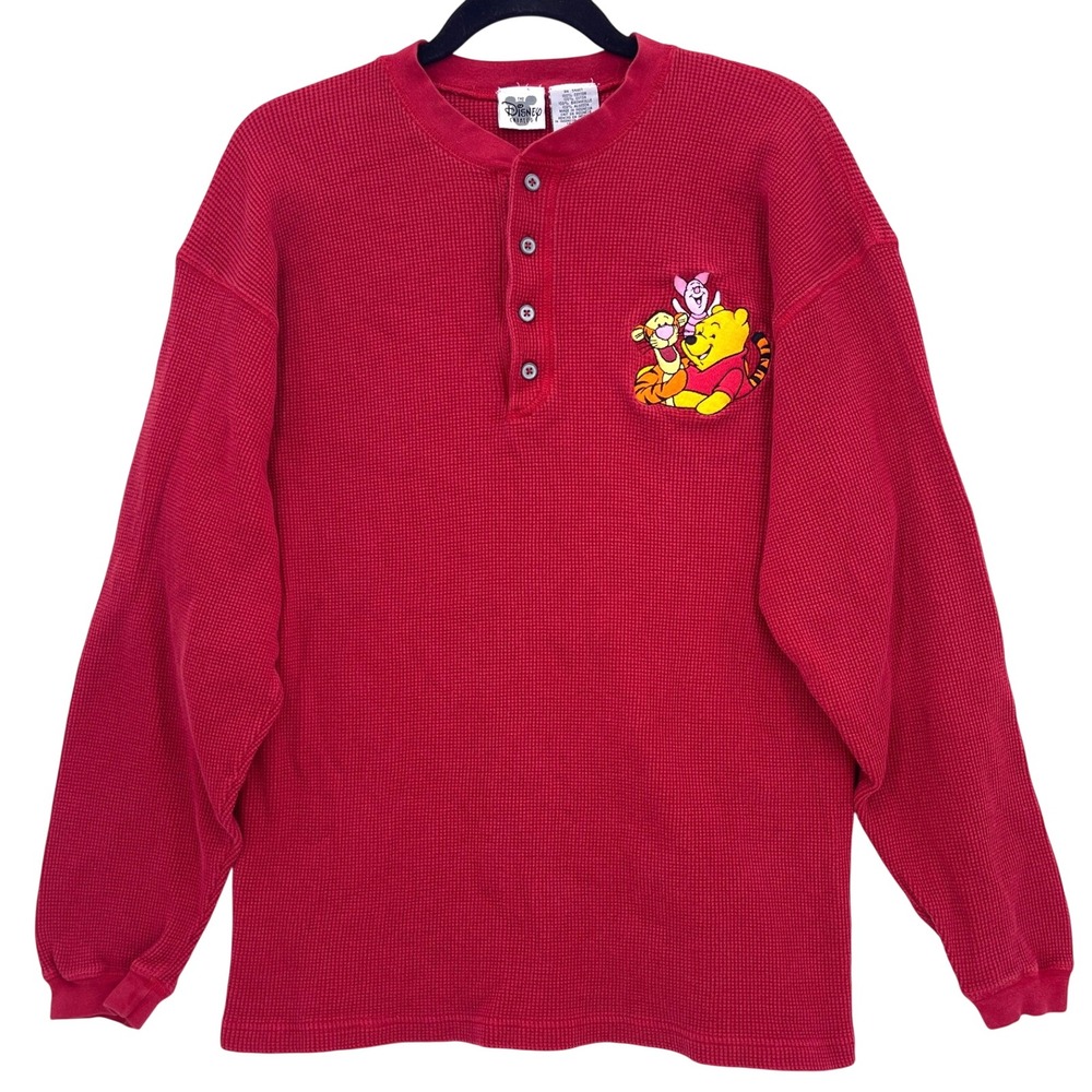 Vintage 90s Disney Winnie the Pooh Tigger Piglet Red Henley Waffle Shirt L
